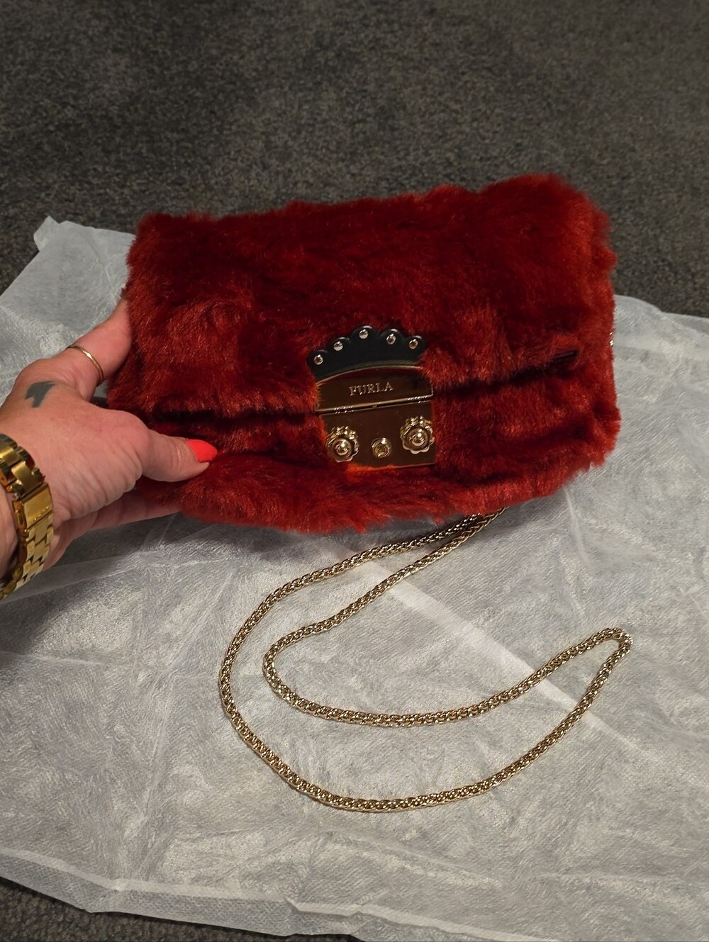 Furla Red Faux-Fur Crossbody with Gold Chain
